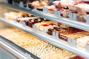 delicious confection goods on display in sweet shop