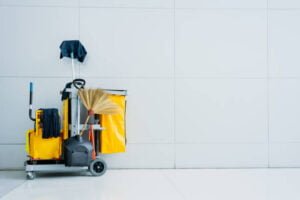 cleaning supplies with modern background and copy space for advertisement text.