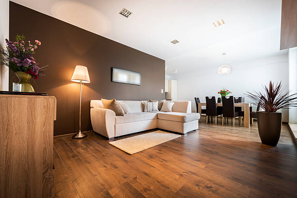luxurious living room with kitchen area