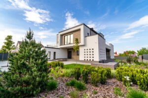 cozy modern house with garage cobblestone driveway modern architecture