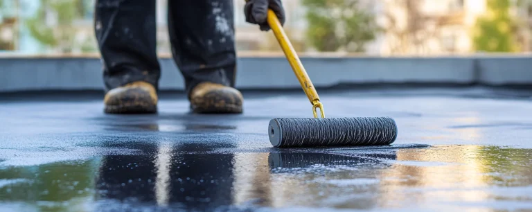 construction worker applying waterproofing layer roof using roller 50 1 50